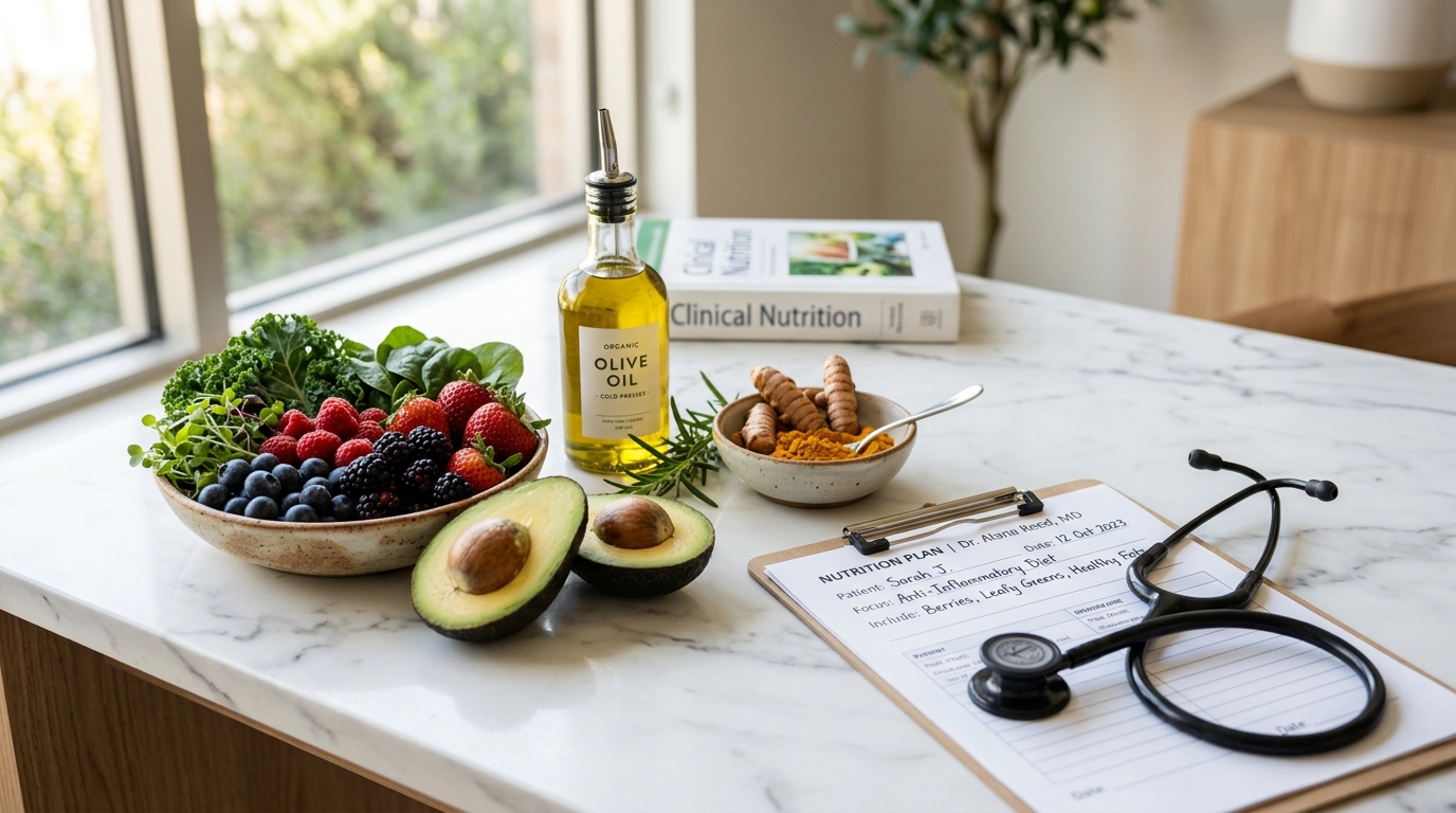 Clinical nutrition plate with fresh superfoods and stethoscope