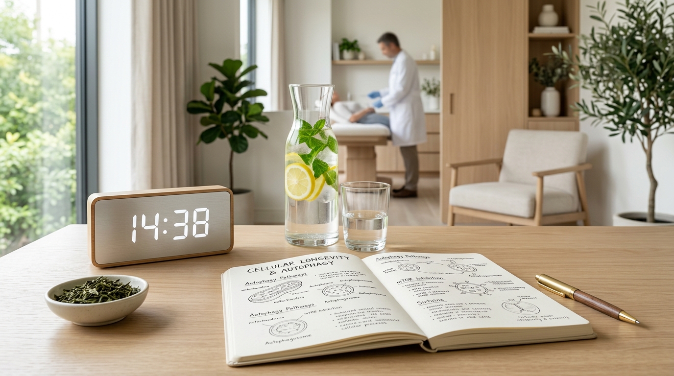 Fasting science setup with clock, infused lemon water, and clinical notes