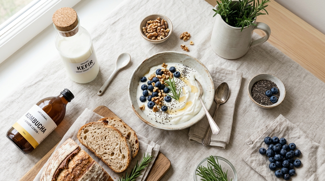 Gut friendly prebiotic foods, kefir, yogurt, berries, and kombucha