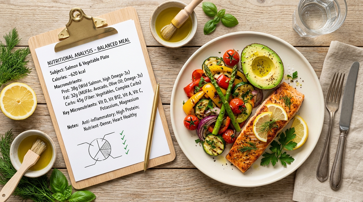 Nutritional analysis balanced meal plate with salmon, vegetables, avocado, and checklist