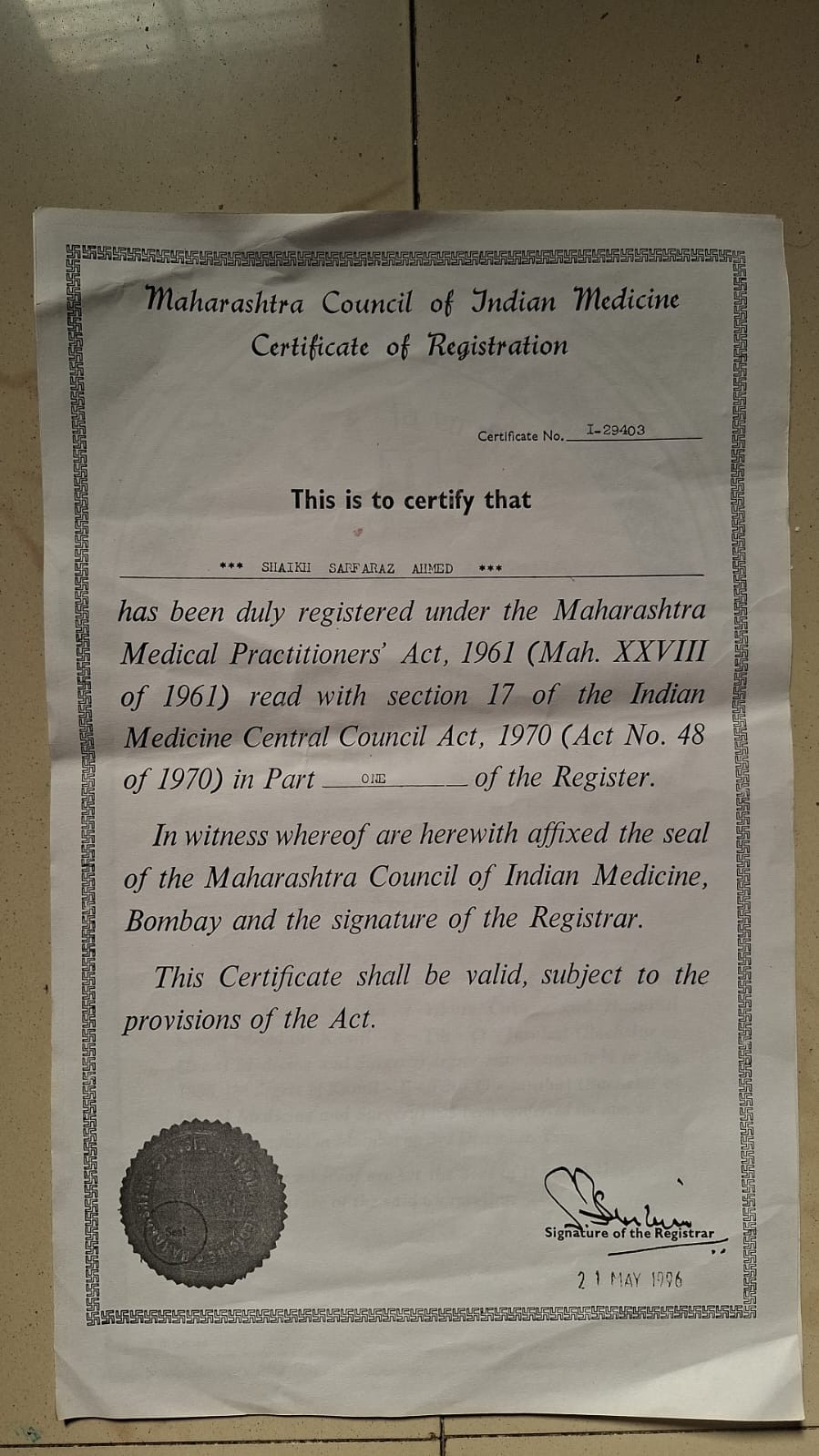 Maharashtra Council of Indian Medicine Registration Certificate - Dr. Sk. Sarfaraz Ahmed